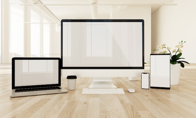 Responsive devices on the floor with white screen,