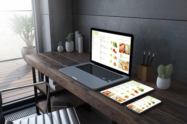 Responsive devices at wooden desktop 3d rendering showing online supermarket website