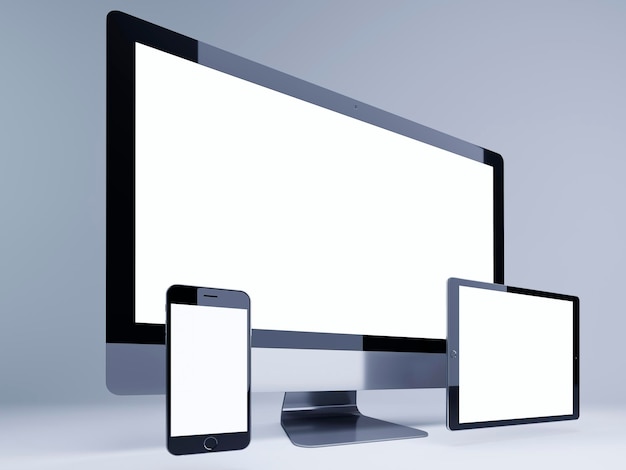 responsive screen mockup perspective monitor tablet and smart phone on a gray background three modern template device 3d render