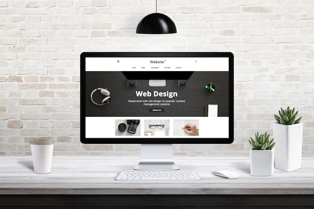 Responsive web site design presentation on computer display Modern office interior