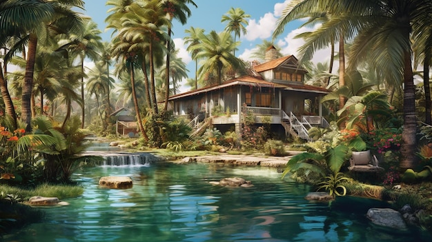 Отдых в джунглях Дом среди пальмовых деревьев с водопадом