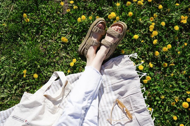 Photo rest in the summer park flat lay blossoming apple orchard in spring