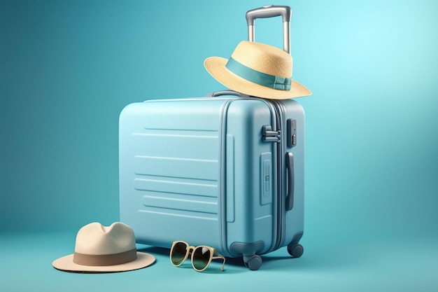 Rest time blue travel case with a wicker hat with glasses on a blue background travel forward