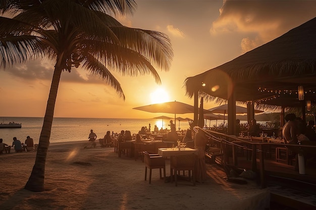 Restaurant aan het strand met uitzicht op de zonsondergang, waar zeevruchten en cocktails worden geserveerd