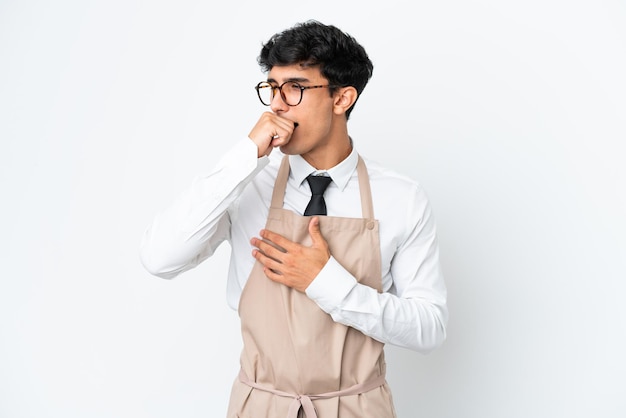 Restaurant Argentinian waiter isolated on white background is suffering with cough and feeling bad