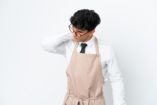 Restaurant Argentinian waiter isolated on white background with neckache