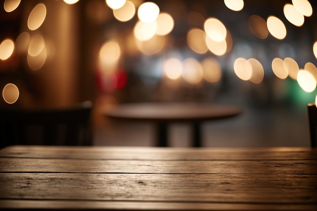 Restaurant background with lights bokeh on an empty wooden table top