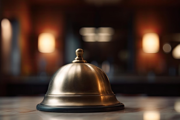 Restaurant bell on a table in a restaurant shallow depth of field A closeup of a hotel service bell is placed on the reception counter AI Generated