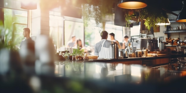 The restaurant blurred background with some workers, cooks, and waiters working. Generative Ai.