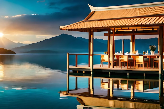 A restaurant on a boat dock with a mountain in the background.