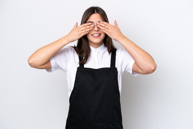 Restaurant Brazilian waiter woman isolated on white background covering eyes by hands