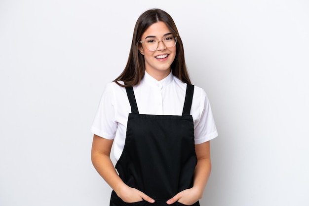 Restaurant Brazilian waiter woman isolated on white background laughing