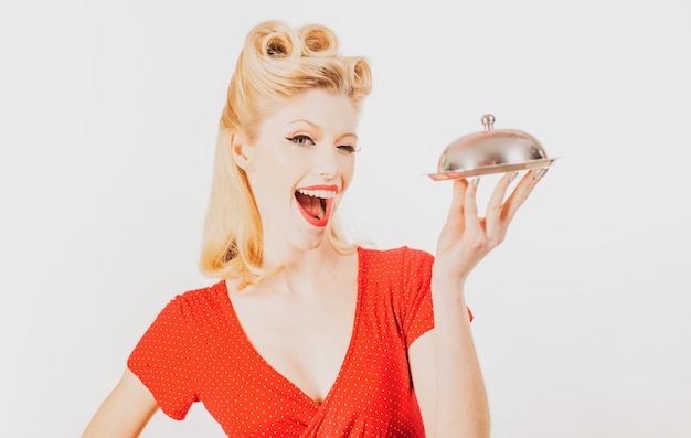 Restaurant catering waiter Pinup girl with service tray Serving presentation concept