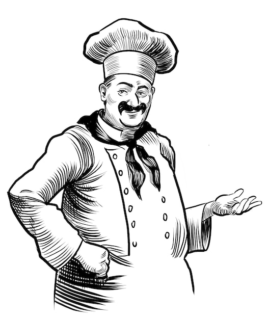 Photo restaurant chef character black and white drawing