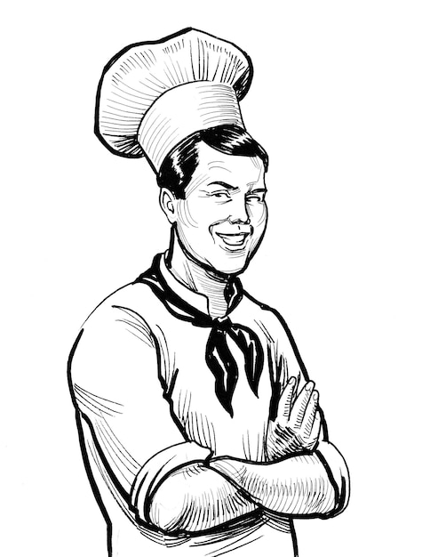 Restaurant chef character. Ink black and white drawing