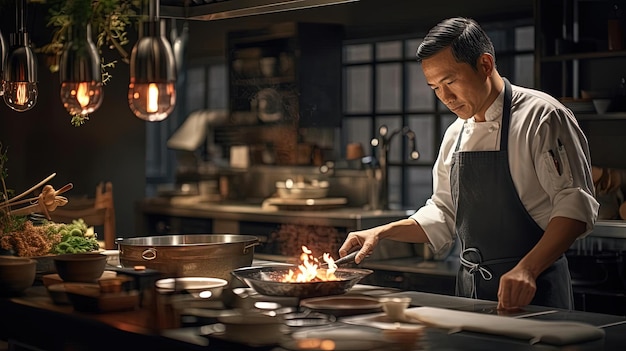 restaurant chef is preparing food inside his kitchen in the style of dark gray and light bronze