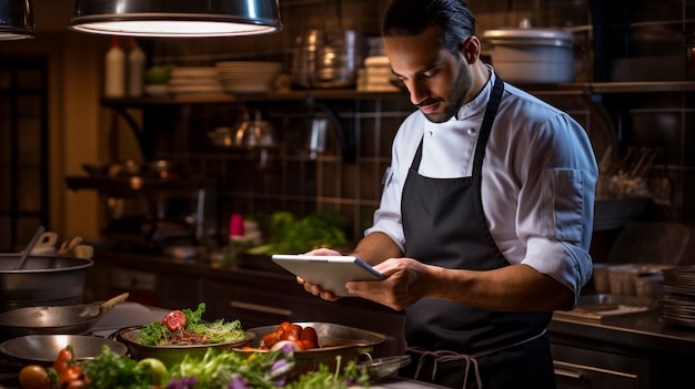 Photo a restaurant chef orders food to the kitchen using a tablet generative ai food