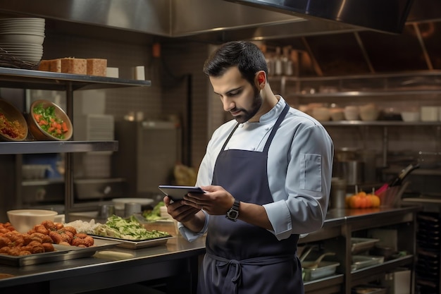 식당 셰프가 태블릿 Generative Ai를 사용하여 주방 식료품 주문을 합니다.