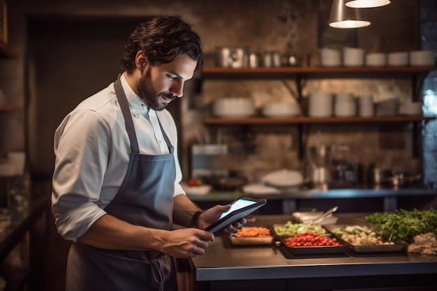 The restaurant chef places a kitchen grocery order using a tablet Generative Ai