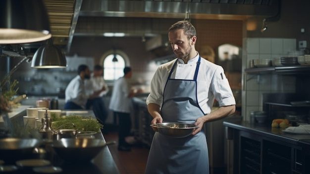 A restaurant chef stands in the kitchen