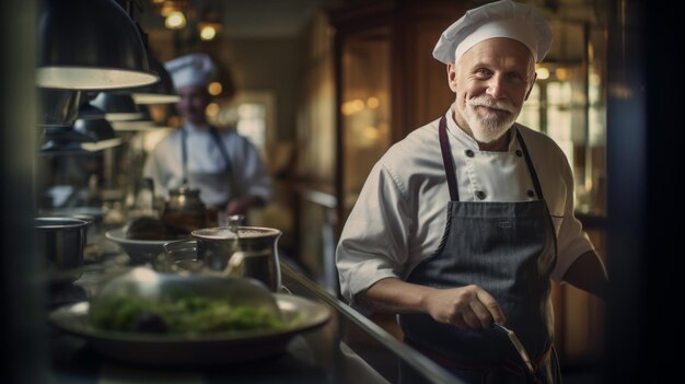 A restaurant chef stands in the kitchen