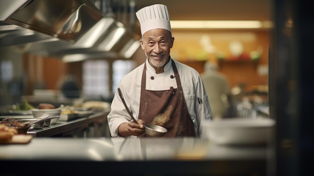 A restaurant chef stands in the kitchen