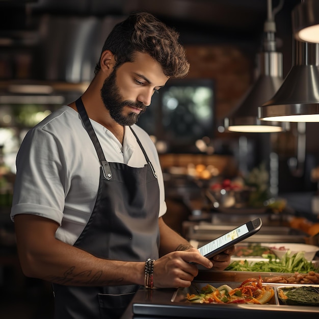 The restaurant chef uses a tablet computer to order items for the kitchen Generative Ai