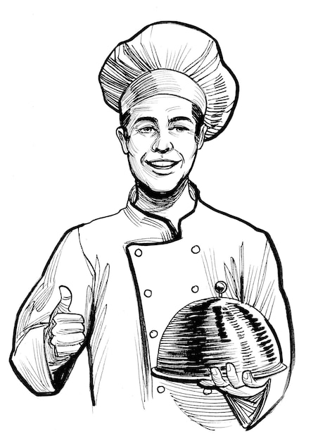 Photo restaurant chef with a meal. ink black and white drawing