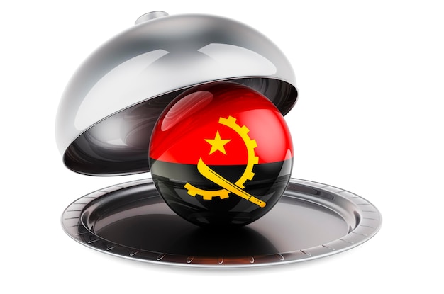 Restaurant cloche with Angolan flag 3D rendering isolated on white background