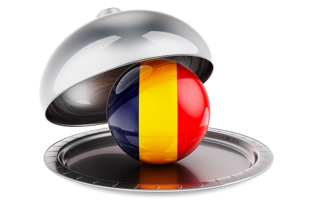 Restaurant cloche with Romanian flag 3D rendering isolated on white background