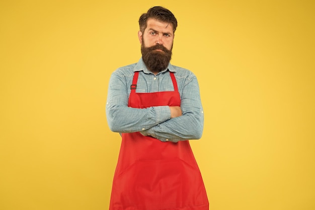 Restaurant cuisine restaurant staff wanted cooking is his hobby bearded man in uniform confident male housekeeper small business shop owner mature shop assistant professional chef in red apron