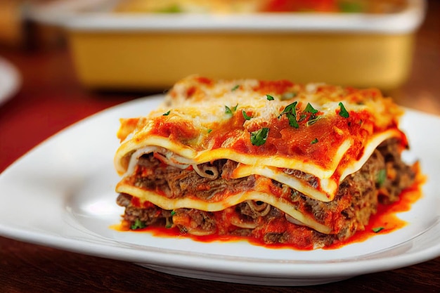 restaurant dish of italian cuisine homemade lasagna with tomatoes and meat