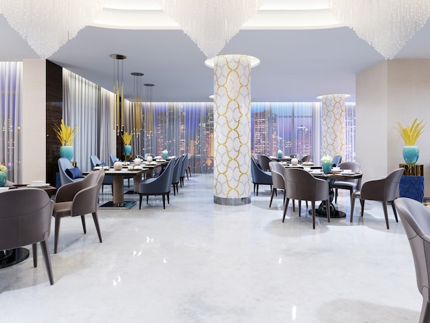 Restaurant en zitkamer in een modern hotel. 3D-rendering