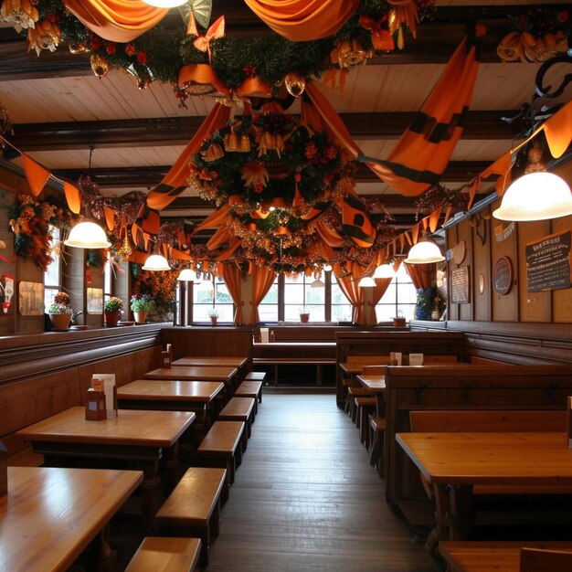 Photo a restaurant filled with wooden tables and wooden benches