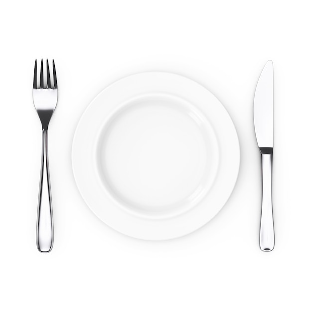 Restaurant Food or Cuisine Concept. Fork, Knife and Plate on a white background. 3d Rendering