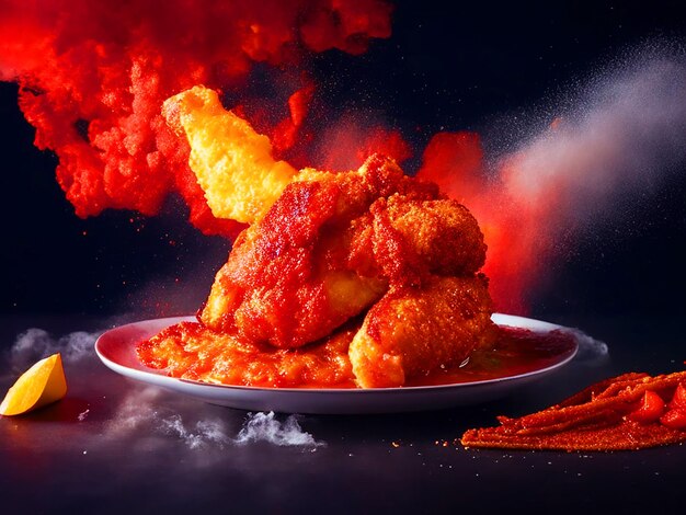 restaurant food many Crispy fried chicken back exploding red Wash tomato sash some delicious food