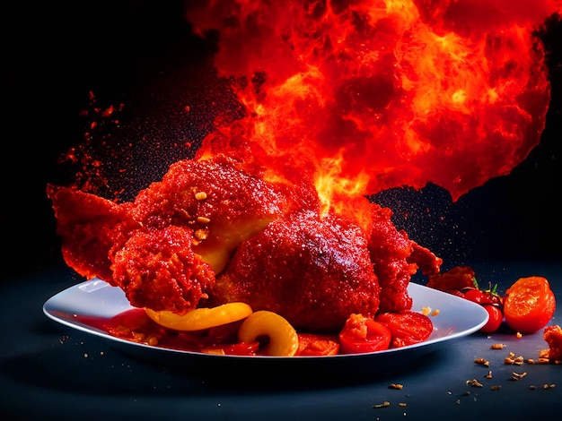 レストランの食事はたくさんあり 脆いフライドチキンが赤く爆発しています 洗ったトマトのサッシュで 美味しい食べ物を