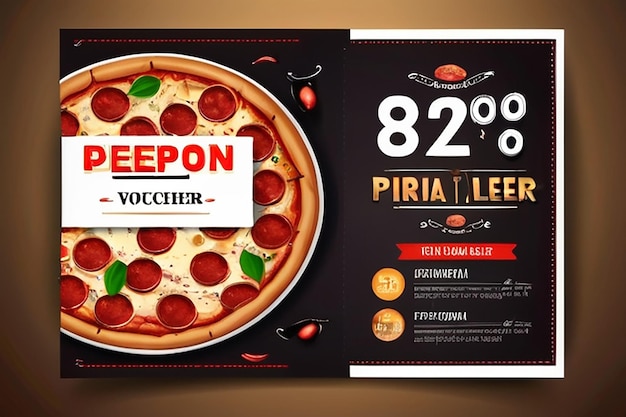 Photo restaurant gift voucher flyer template with delicious taste pepperoni cheese pizza and space