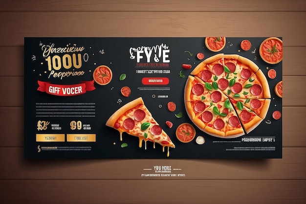 Photo restaurant gift voucher flyer template with delicious taste pepperoni cheese pizza
