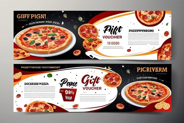 Foto modello di volantino del buono regalo del ristorante con deliziosa pizza al formaggio pepperoni