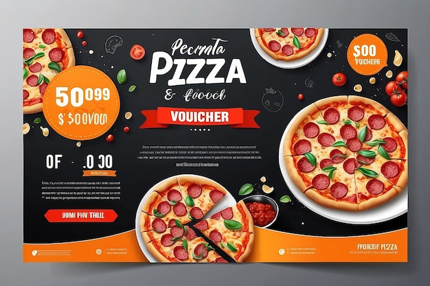 Restaurant Gift voucher flyer template with delicious taste pepperoni cheese pizza