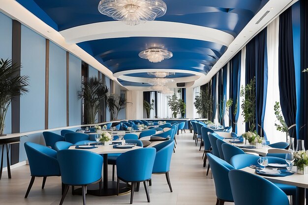 Restaurant hall with blue chairs and decors on the wall