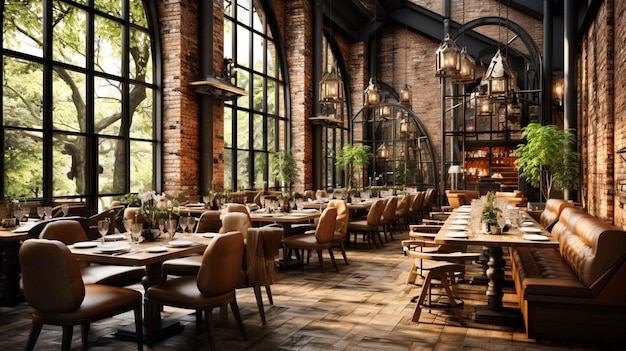 A restaurant hall with brick walls wooden tables