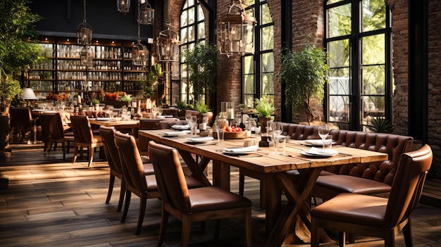 A restaurant hall with brick walls wooden tables