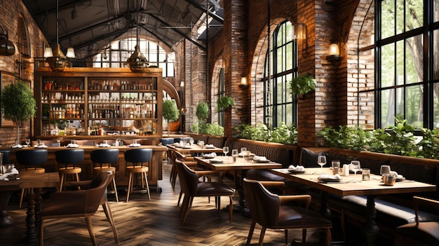 A restaurant hall with brick walls wooden tables