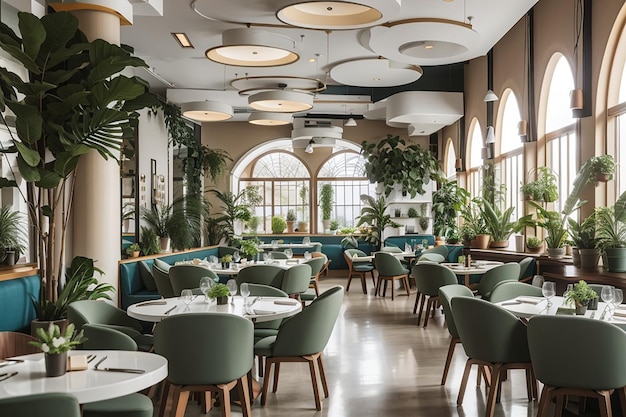 Restaurant hall with round and square tables some chairs and plants