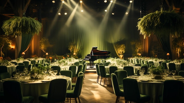 Restaurant hall with small stage monitor green curtains