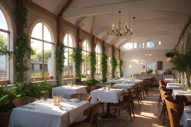 Photo restaurant hall with table and greenery