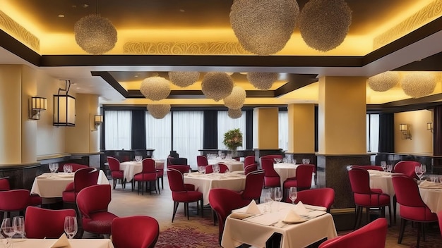 The restaurant at the hotel is decorated with red chairs and a yellow ceiling.