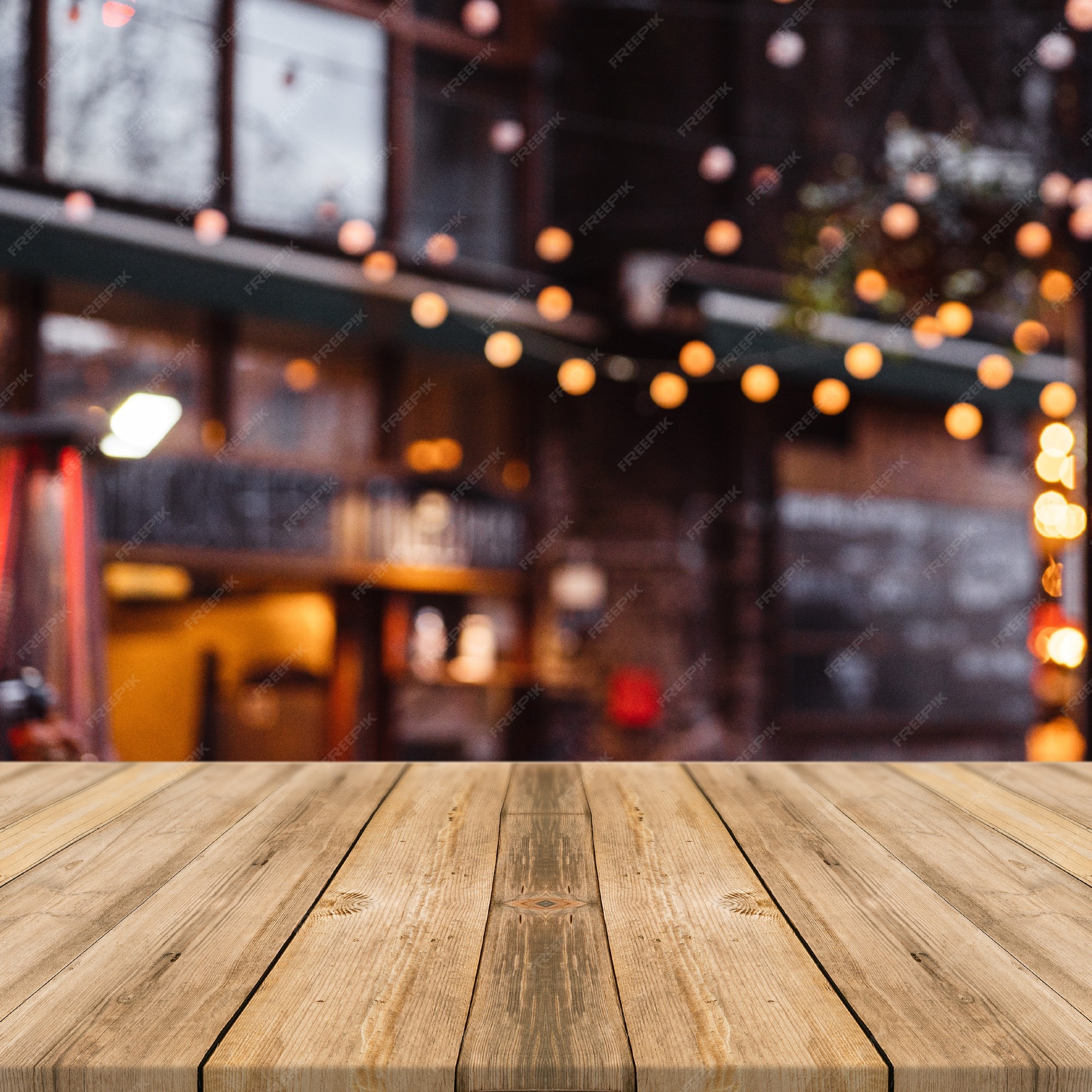 Premium Photo | Restaurant or hotel street food bokeh wooden table square  display background